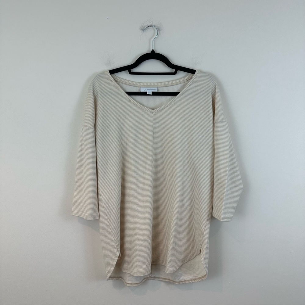 Pure J. Jill V-Neck Cream Knit Top with 3/4 Sleeves Stripes Size Medium Organic